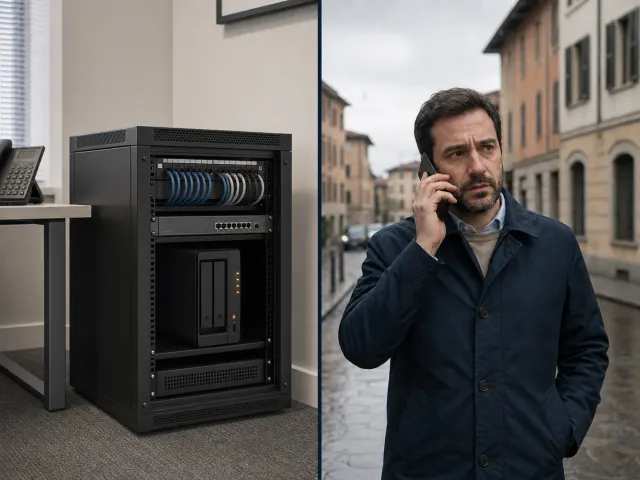 Diptych of a NAS installed in an office rack and a worried professional calling from the street