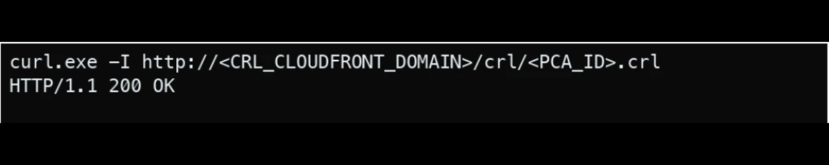 Sanitized CRL request returning HTTP 200 with hostname and private CA identifier replaced