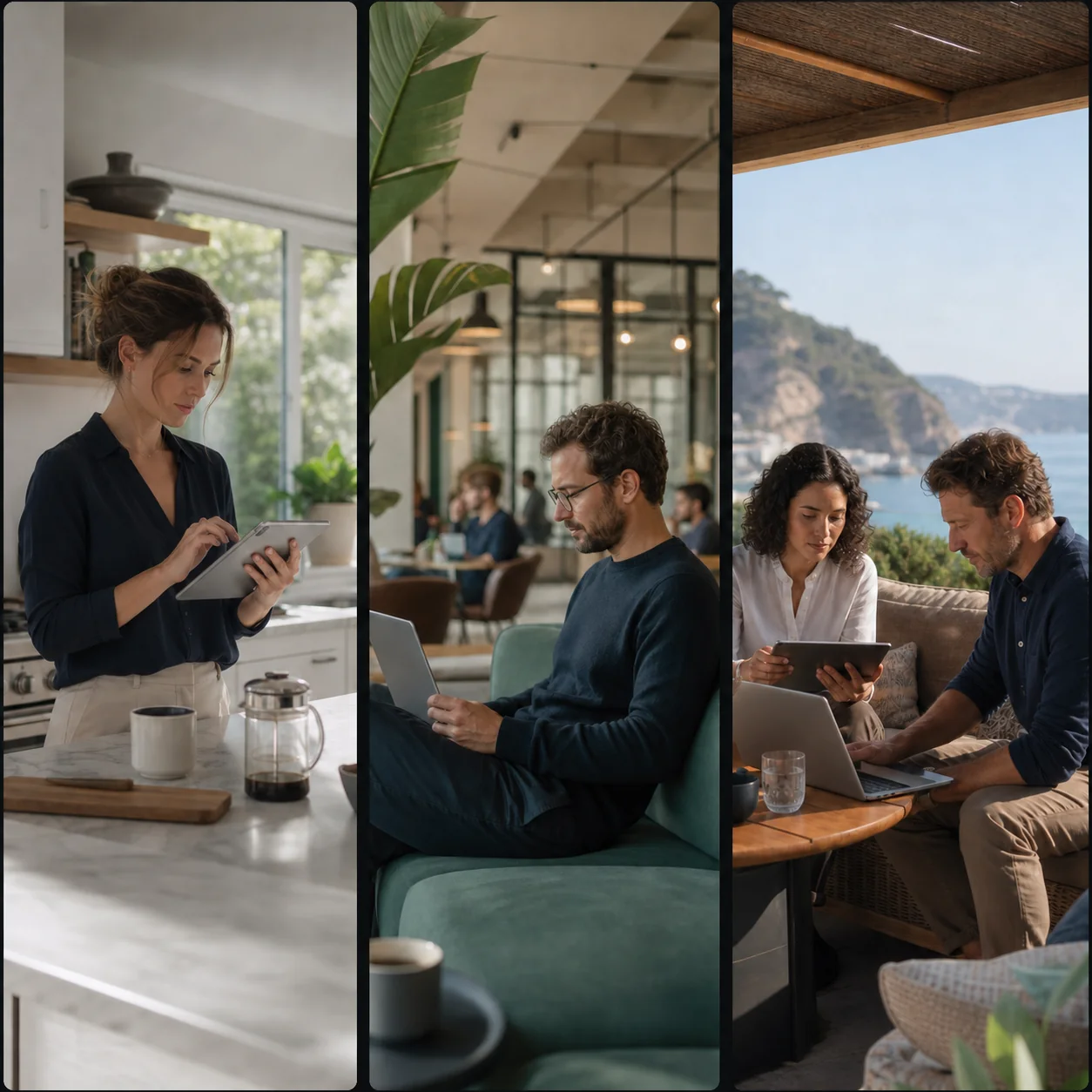 Italian professionals working remotely with laptops and tablets from home, a coworking space and a coastal terrace