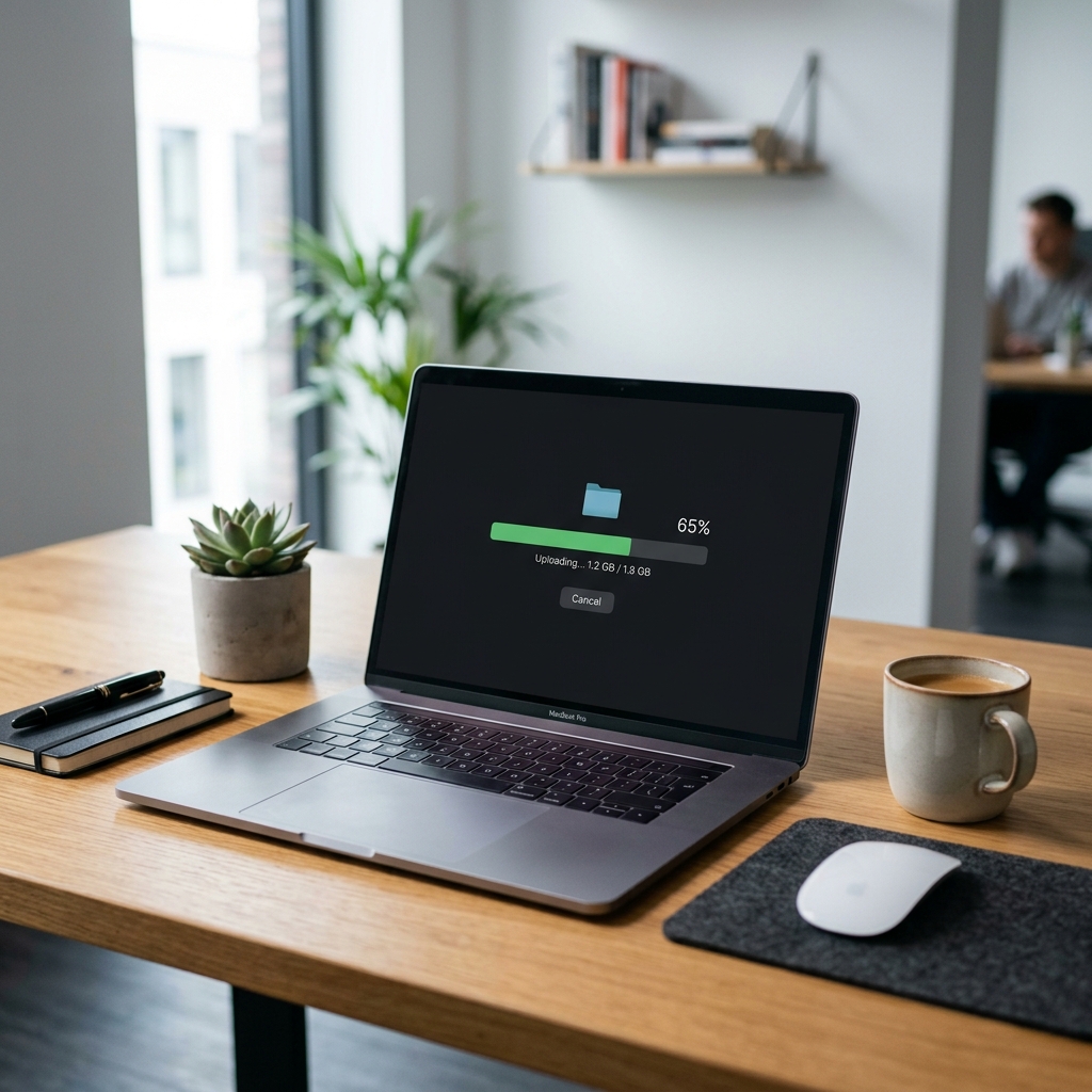 Portátil que muestra una carga de archivos durante una migración cloud planificada