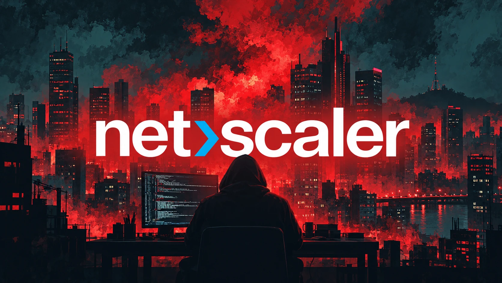 AI-generated editorial illustration of a silhouetted figure at a workstation against a red cityscape, with NetScaler lettering