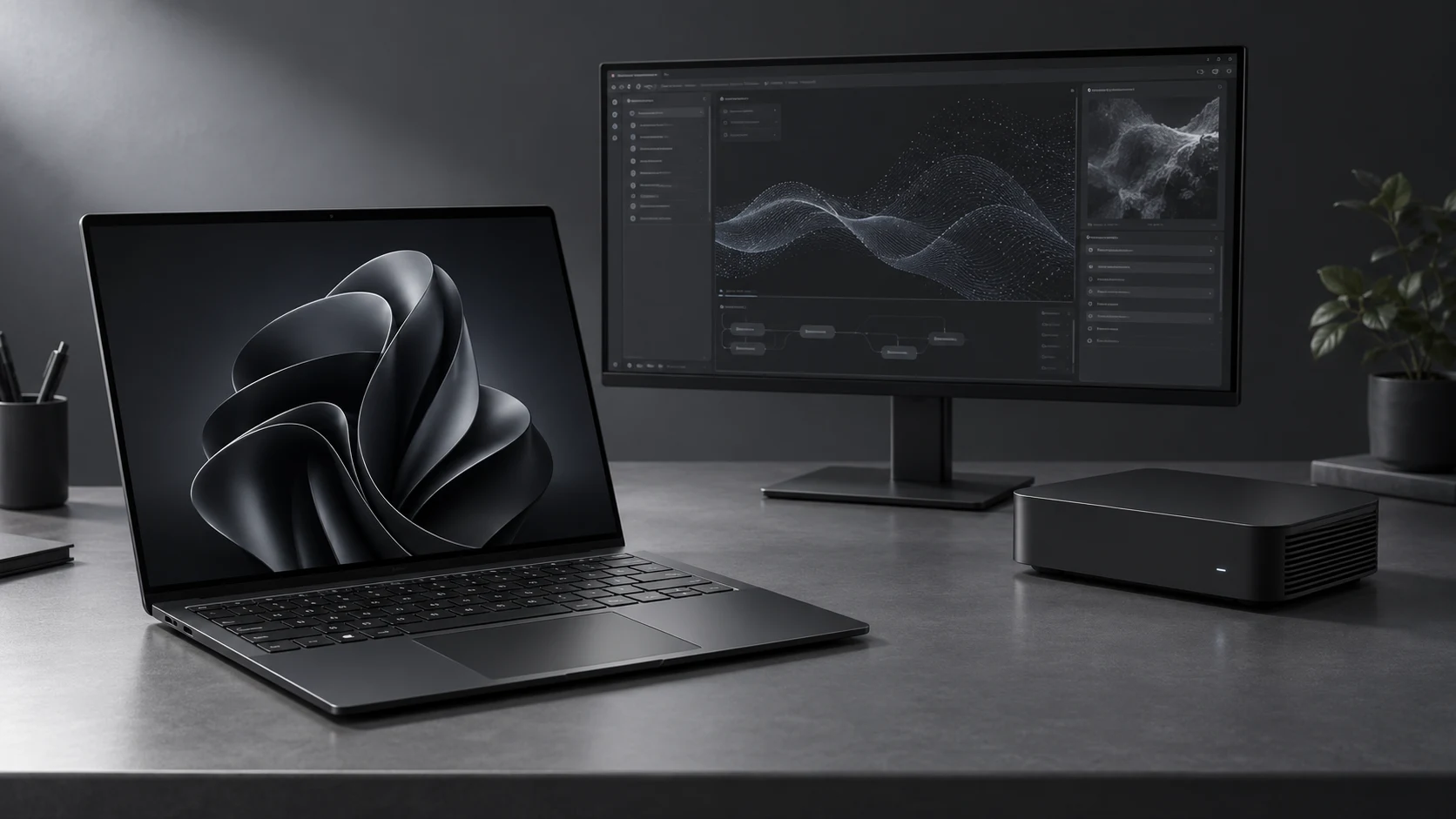 Illustrazione generata con IA di un portatile color grafite, una workstation compatta per IA e un monitor su una scrivania