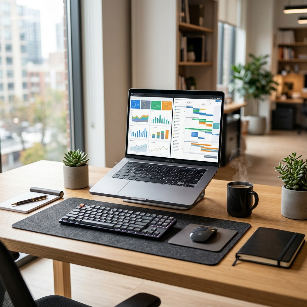 Modern office workspace with a laptop displaying business dashboards